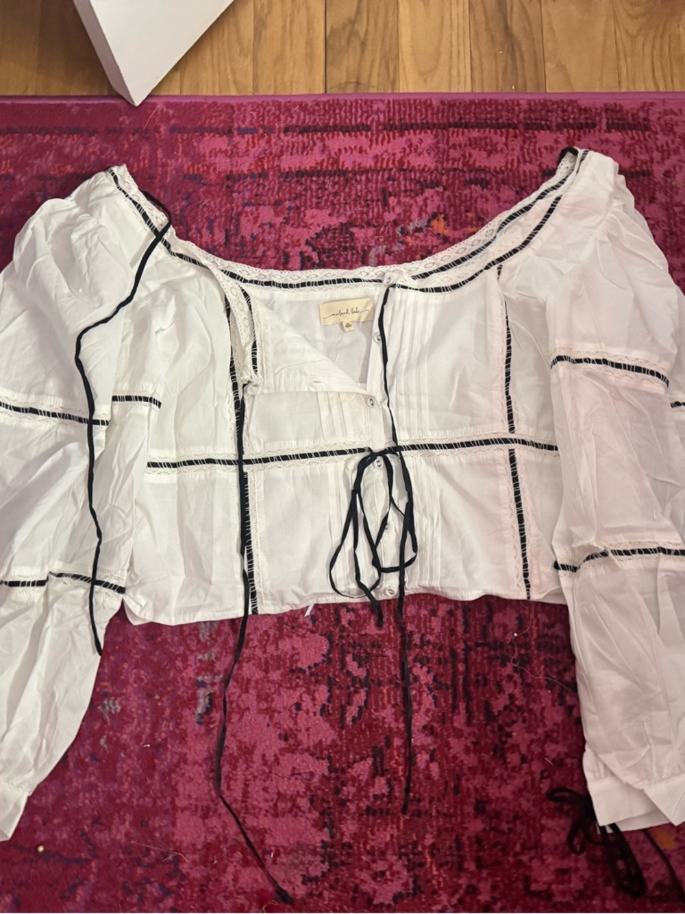 White Peasant Tie-Front Blouse with Black Trim